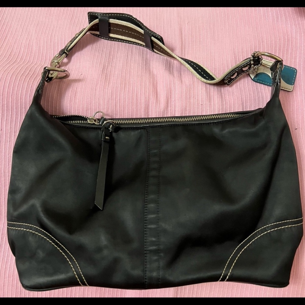 Coach Satin Black Shoulder Bag F 11669 with Adjustable Strap and Leather Trim
